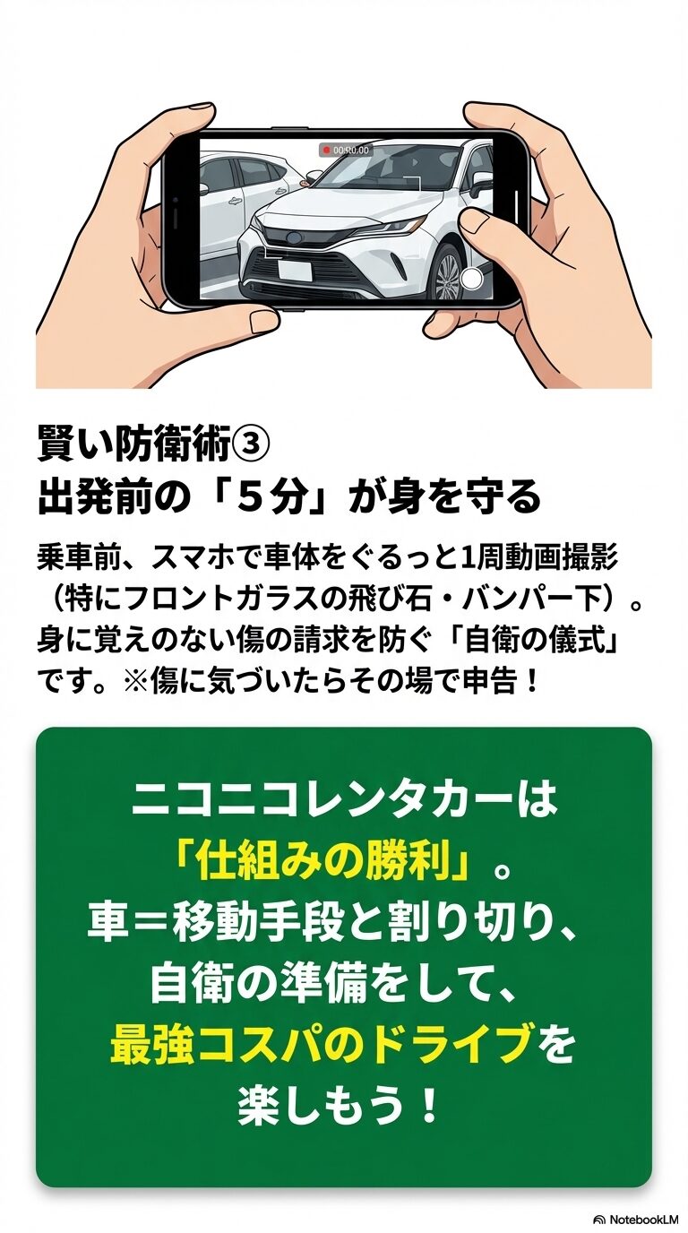 乗車前にスマホで車体を1周動画撮影し、身に覚えのない傷の請求を防ぐ「自衛の儀式」を推奨するスライド。