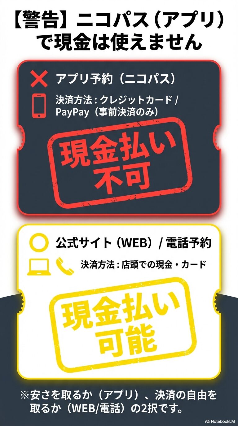 アプリ予約（ニコパス）はクレジットカードとPayPayのみで現金不可。公式サイト・電話予約は店頭での現金払いが可能であることを説明する比較図。