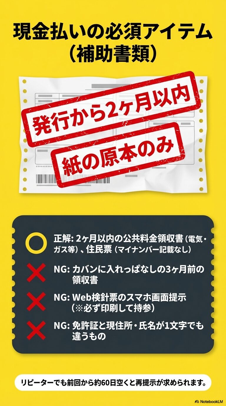 発行から2ヶ月以内の公共料金領収書や住民票の原本が必要であること、Web画面提示や住所不一致はNGであることを示すチェックリスト。