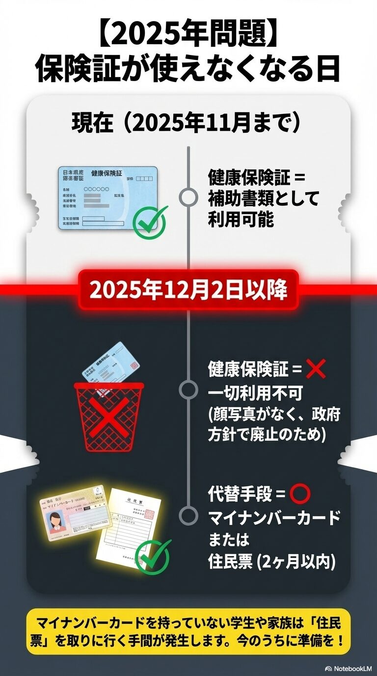 2025年12月2日以降、健康保険証が補助書類として一切利用不可になり、マイナンバーカードや住民票が必要になることを解説するスライド。