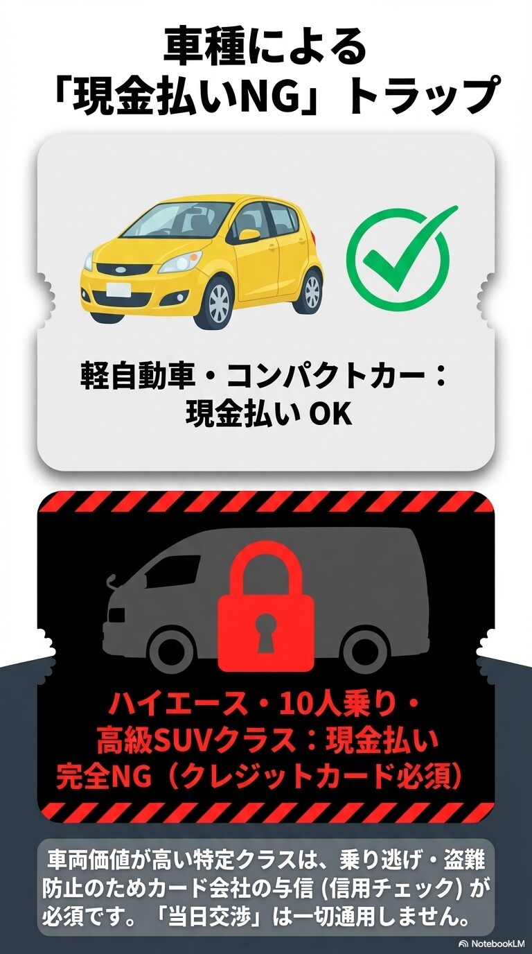 ハイエースや10人乗り、高級SUVなどは乗り逃げ防止のためクレジットカードが必須であり、現金払いは完全NGであることを説明する図解。