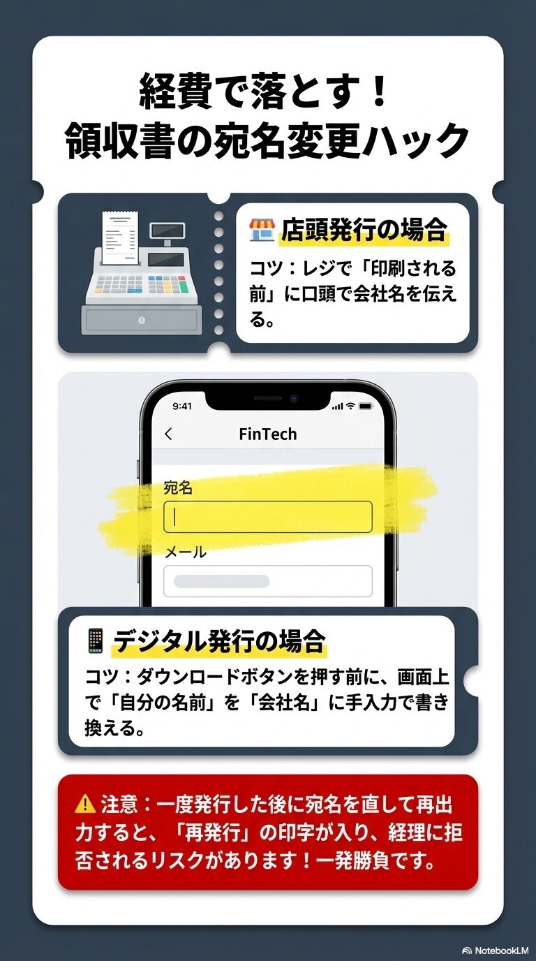 店頭では印刷前に口頭で伝えること、デジタル発行ではダウンロード前に手入力で書き換える必要があることを説明するスライド。