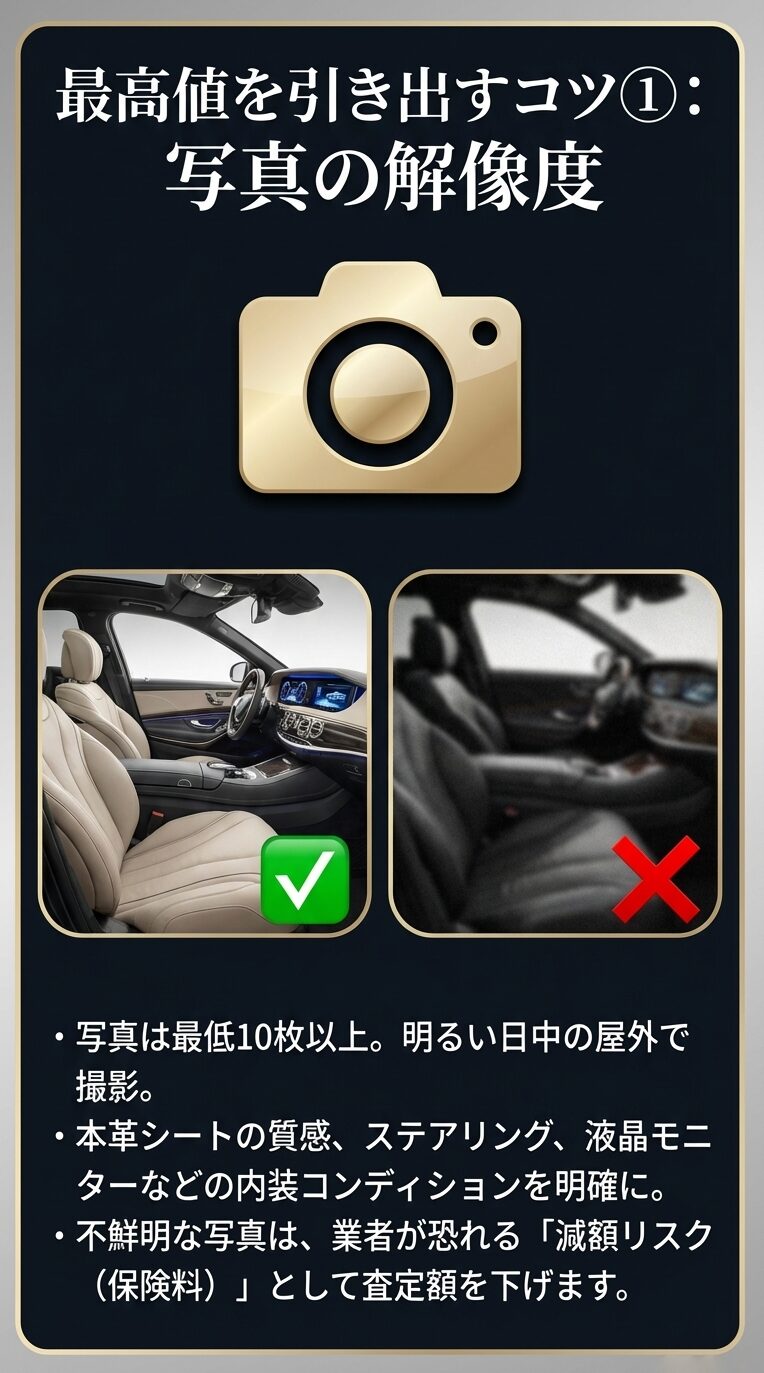 高額査定を引き出すコツ:写真の解像度 明るい屋外で10枚以上撮影することを推奨。内装のコンディションを明確に写すことで、業者の「減額リスク(保険料)」を回避し、査定額を下げる要因を失くすためのアドバイス。
