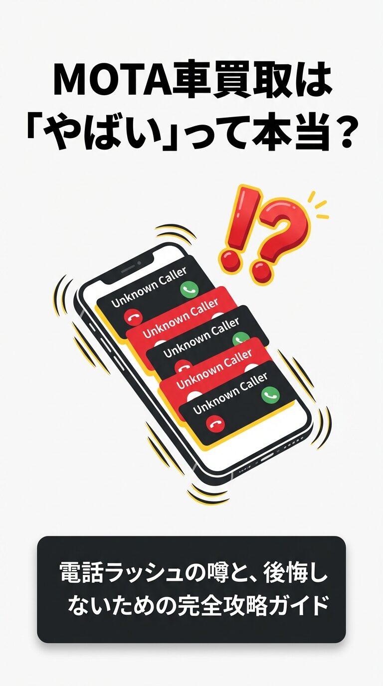 スマートフォンに「Unknown Caller（不明な発信者）」からの着信が重なり、感嘆符と疑問符が浮かんでいるイラスト。中央に「MOTA車買取はやばいって本当？電話ラッシュの噂と、後悔しないための完全攻略ガイド」という文字。 
