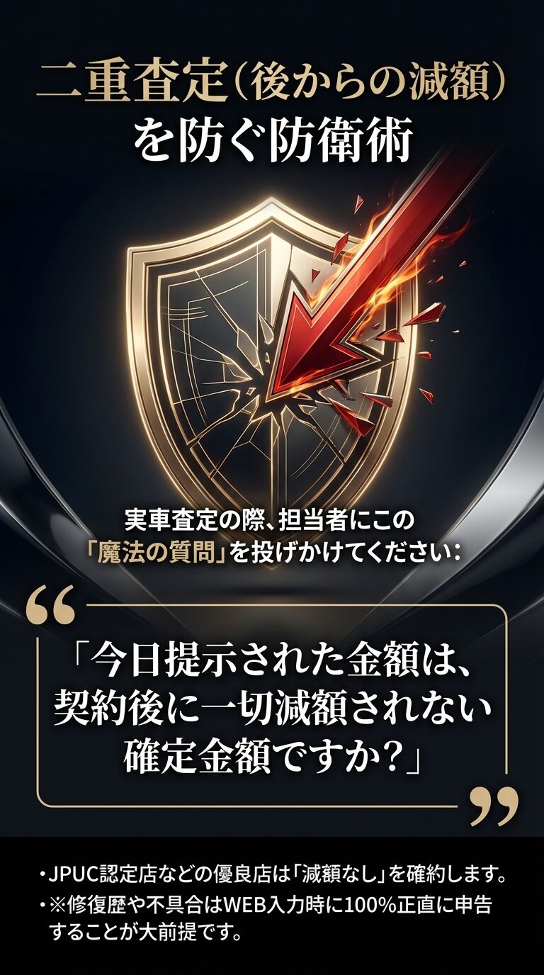 二重査定(後からの減額)を防ぐ防衛術 契約後の減額を防ぐための「魔法の質問」を紹介。提示金額が一切減額されない確定金額かを確認し、JPUC認定店などの優良店を選ぶ重要性を説明。