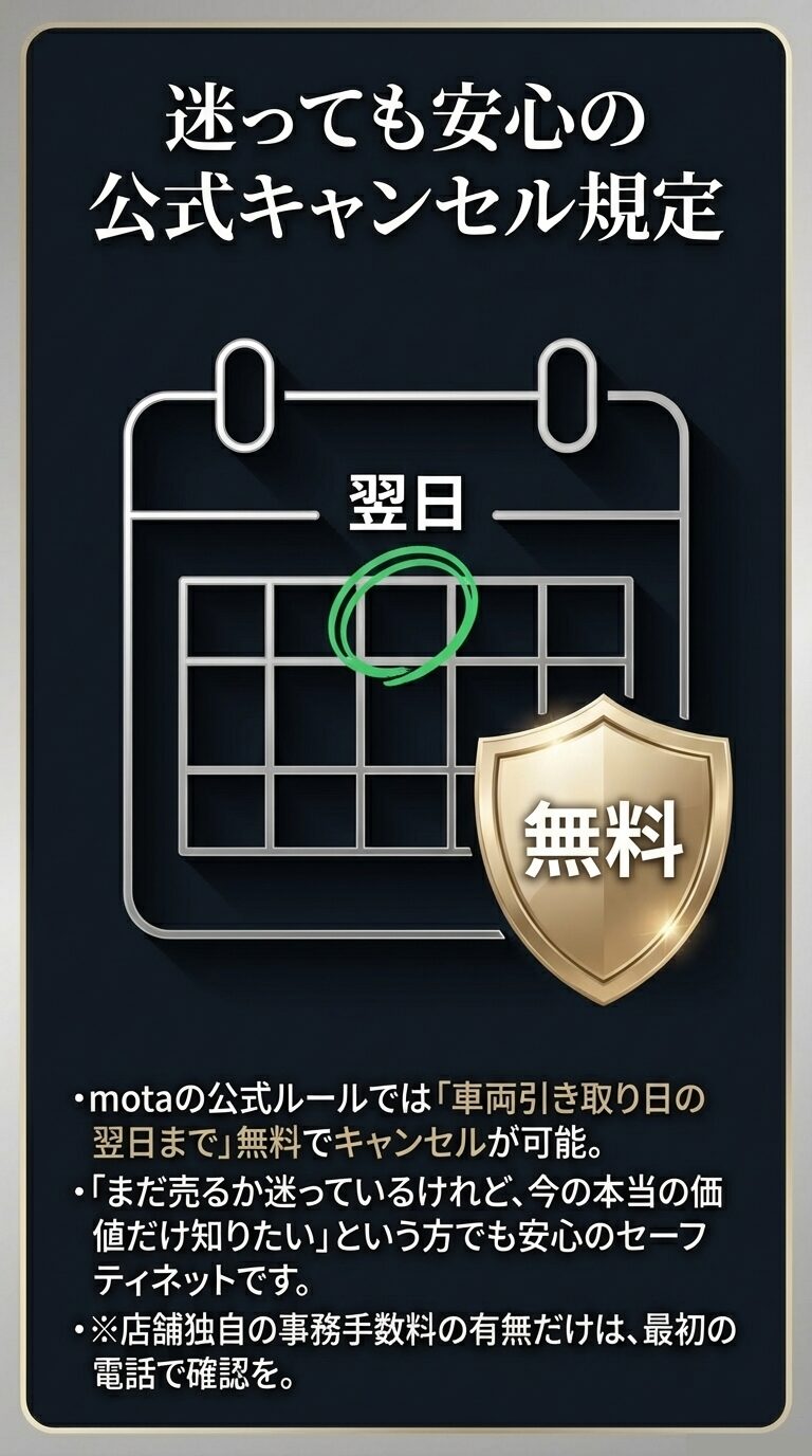 翌日まで無料の公式キャンセル規定 カレンダーの図解とともに、車両引き取り日の翌日まで無料でキャンセル可能という公式ルールを解説。売却を迷っているユーザーのための安心のセーフティネット