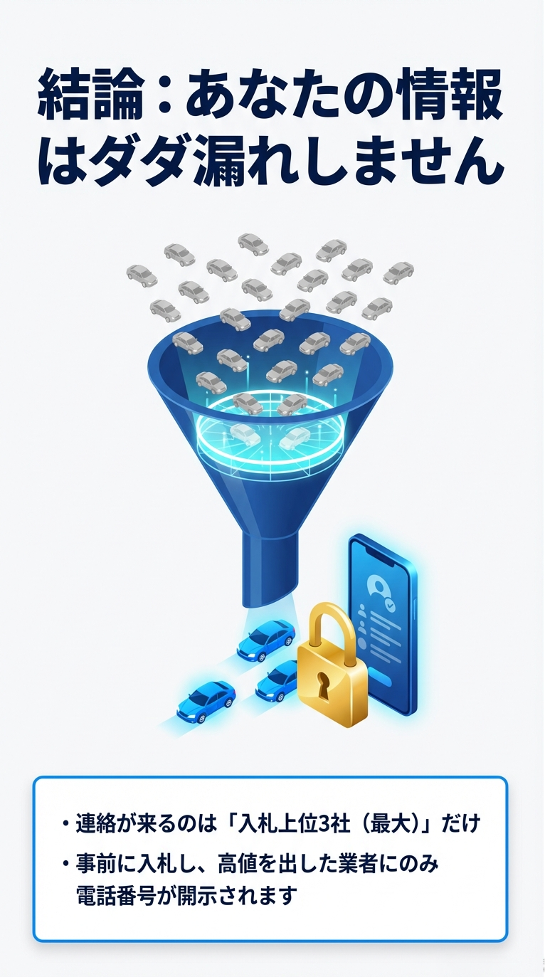 多数のグレーの車が大きな青い漏斗（ファンネル）に入り、選別されて3台の青い車だけが出てくる様子。横には鍵がかかったスマートフォンのアイコンがあり、「あなたの情報はダダ漏れしません」「連絡が来るのは入札上位3社のみ」という説明がある。 