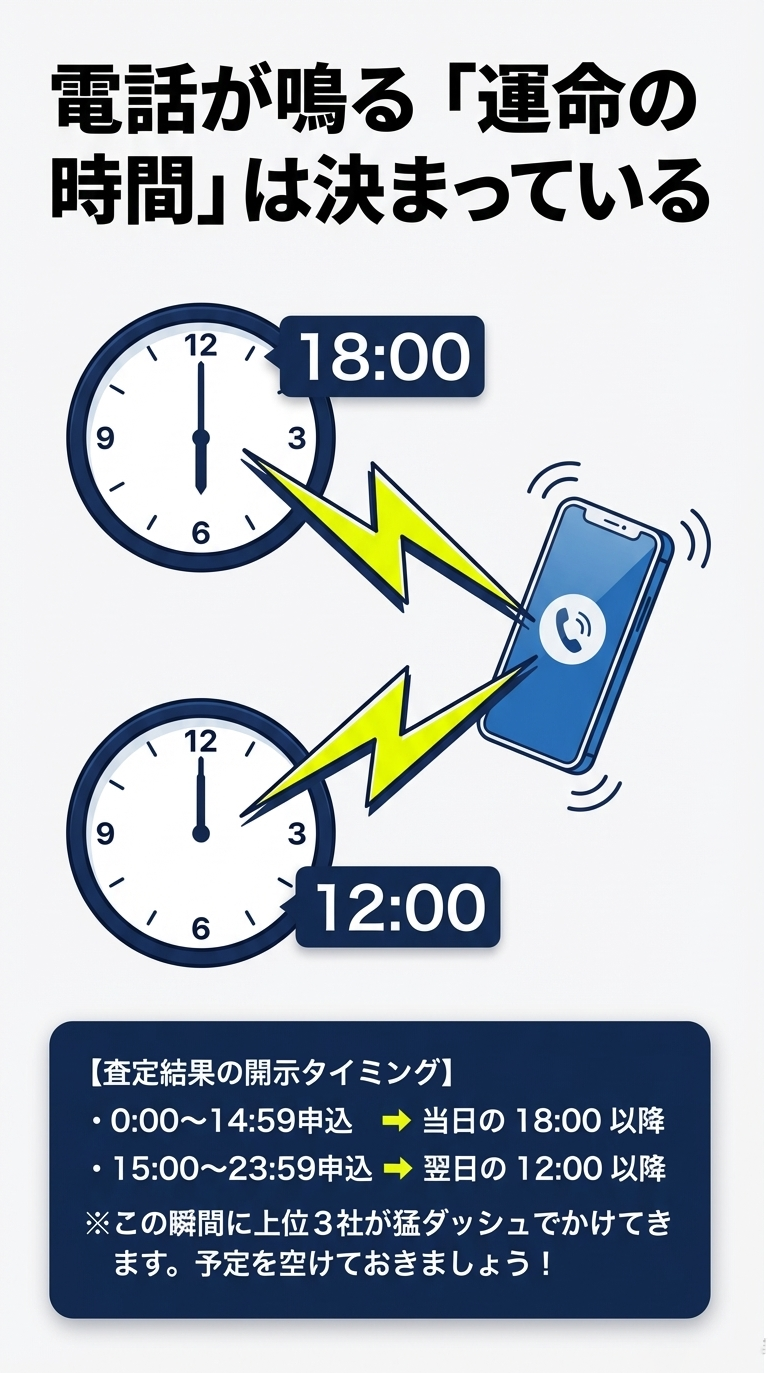 12時と18時を指す時計のイラストと、スマートフォンに稲妻が走るようなエフェクト。0:00〜14:59の申し込みは当日18:00以降、15:00〜23:59の申し込みは翌日12:00以降に結果が開示され、上位3社から連絡が来ることを示す図解。 
