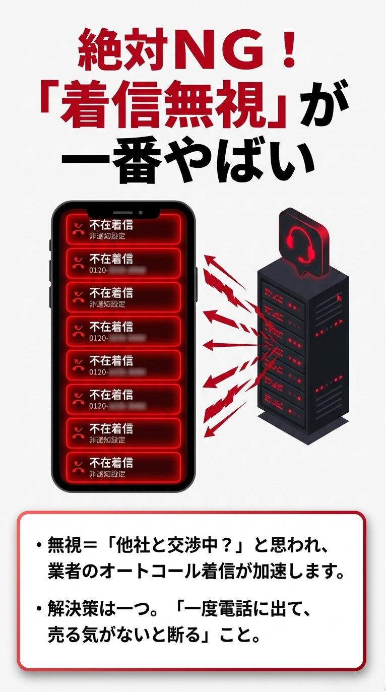 スマートフォンの画面に赤い「不在着信」がずらりと並び、サーバーのような機械から矢印が伸びているイラスト。「着信無視が一番やばい」「無視すると他社と交渉中と思われオートコールが加速する」という警告と、一度電話に出て断る解決策の記載。 