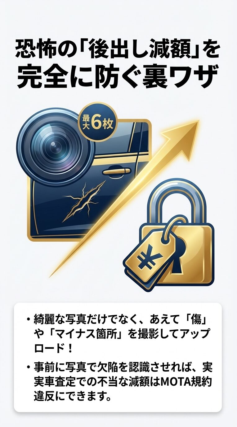 「恐怖の後出し減額を完全に防ぐ裏ワザ」という見出し。綺麗な写真だけでなく、あえて傷やマイナス箇所を撮影して6枚以上アップロードすることで、実車査定での不当な減額を規約違反にできるという解説。 