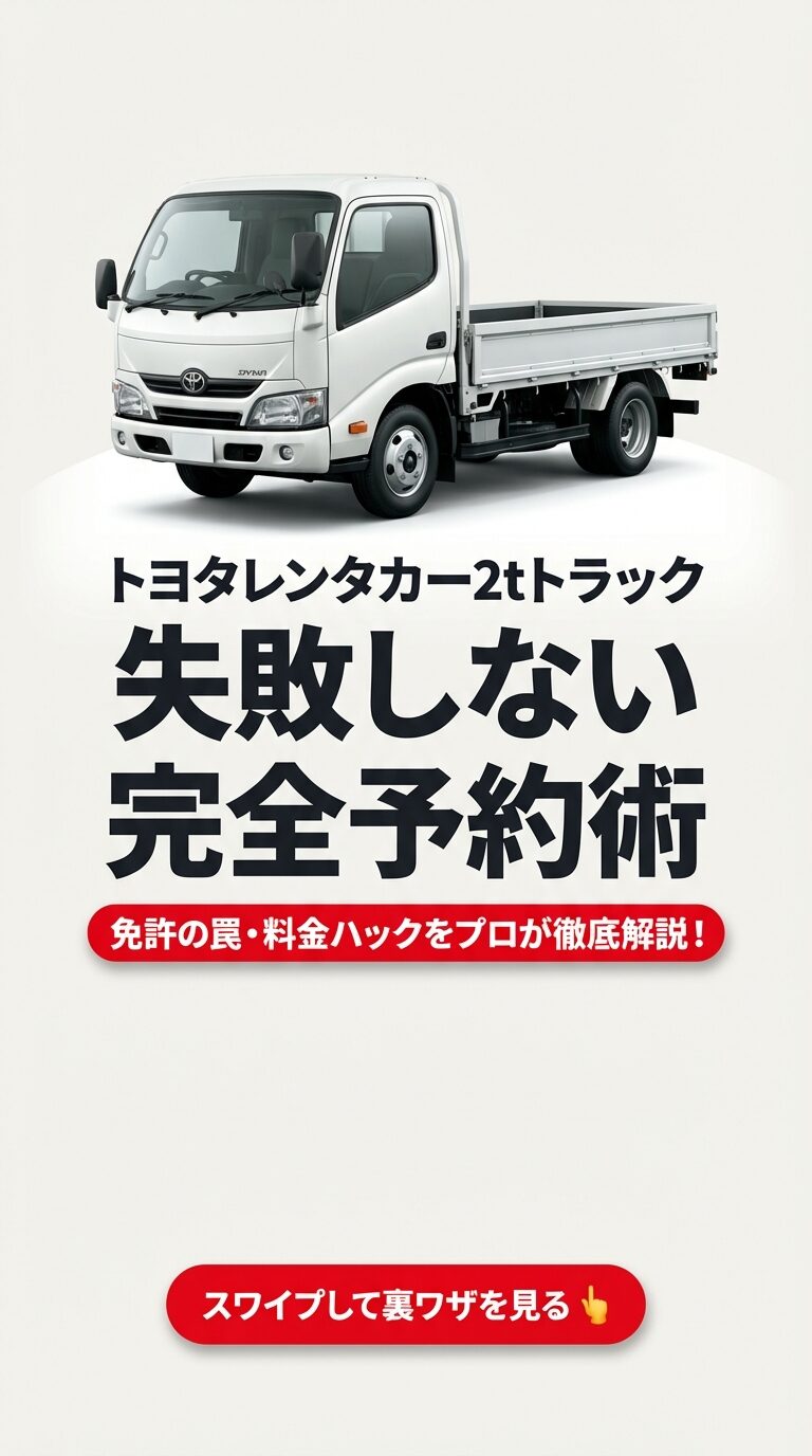 トヨタの白い2tトラックの画像とともに、「失敗しない完全予約術」「免許の罠・料金ハックをプロが徹底解説」と書かれたプレゼン資料の表紙スライド。 