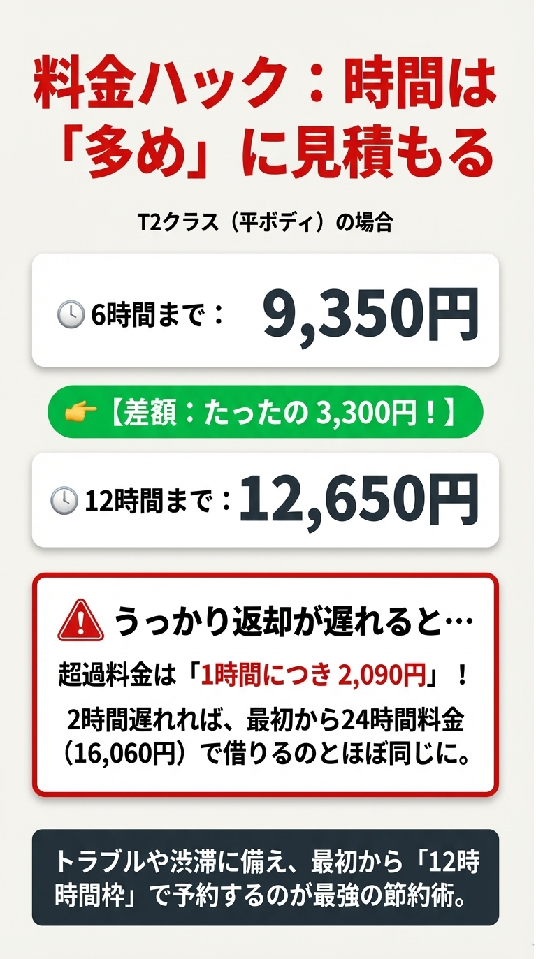 6時間と12時間の料金差がわずか3,300円であることを示し、超過料金（1時間2,090円）を払うよりも最初から長めに予約する方がお得であることを説明する比較図。 