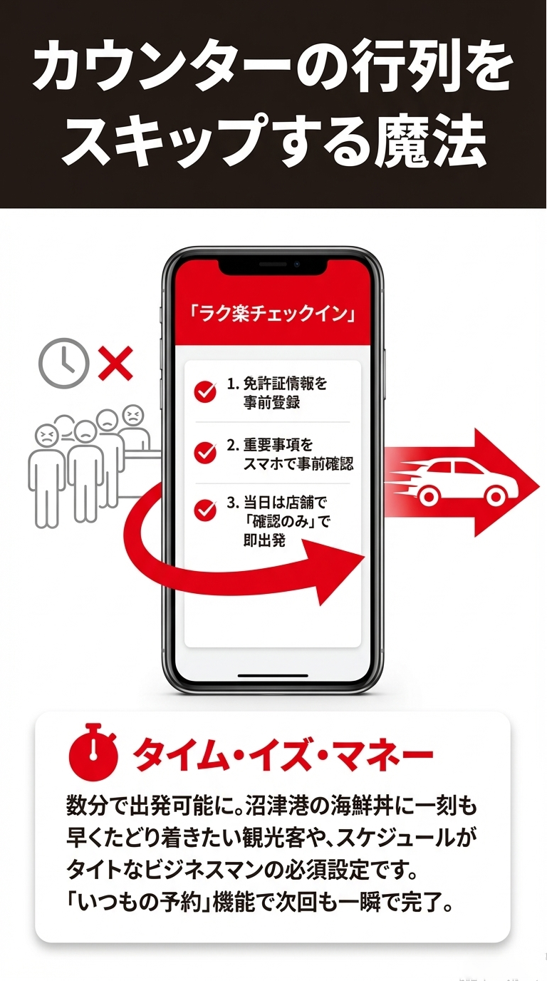 スマホで免許証登録と重要事項確認を事前に行い、当日は確認のみで即出発できる「ラク楽チェックイン」の3ステップ解説。 