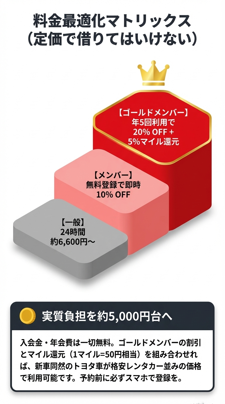 無料のメンバー登録で10%OFF、年5回利用のゴールドメンバーで20%OFF＋5%マイル還元になる割引体系の比較表。 