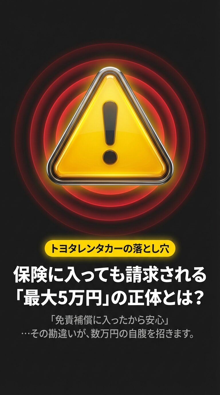 トヨタレンタカーの落とし穴として、保険に入っても請求される「最大5万円」の正体について注意を促すタイトルスライド 