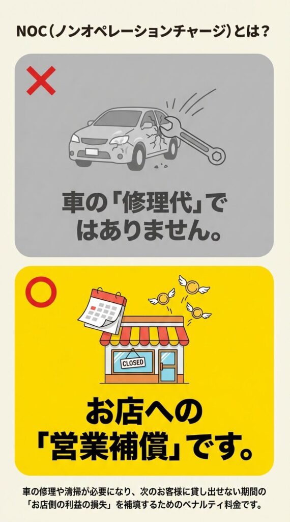 NOCは修理代ではなく、車が使えない期間の「お店への営業補償」であり、利益の損失を補填するペナルティ料金であることを説明するイラスト 