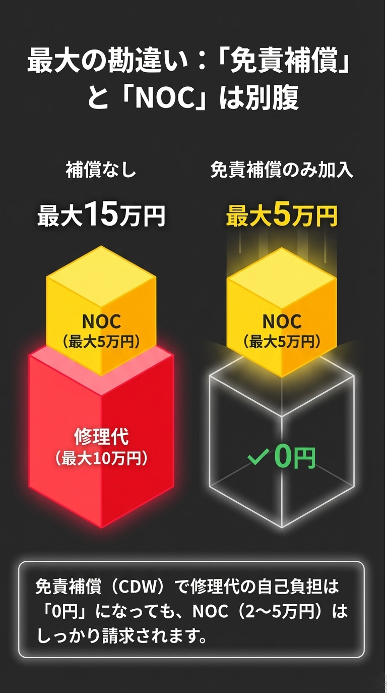 免責補償のみ加入では修理代は0円になるが、NOC（最大5万円）は別途請求されることを示す比較図 