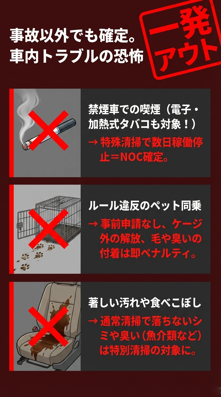 禁煙車での喫煙、ルール違反のペット同乗、著しい汚れや臭いの付着は特殊清掃が必要となりNOCが発生するという警告 