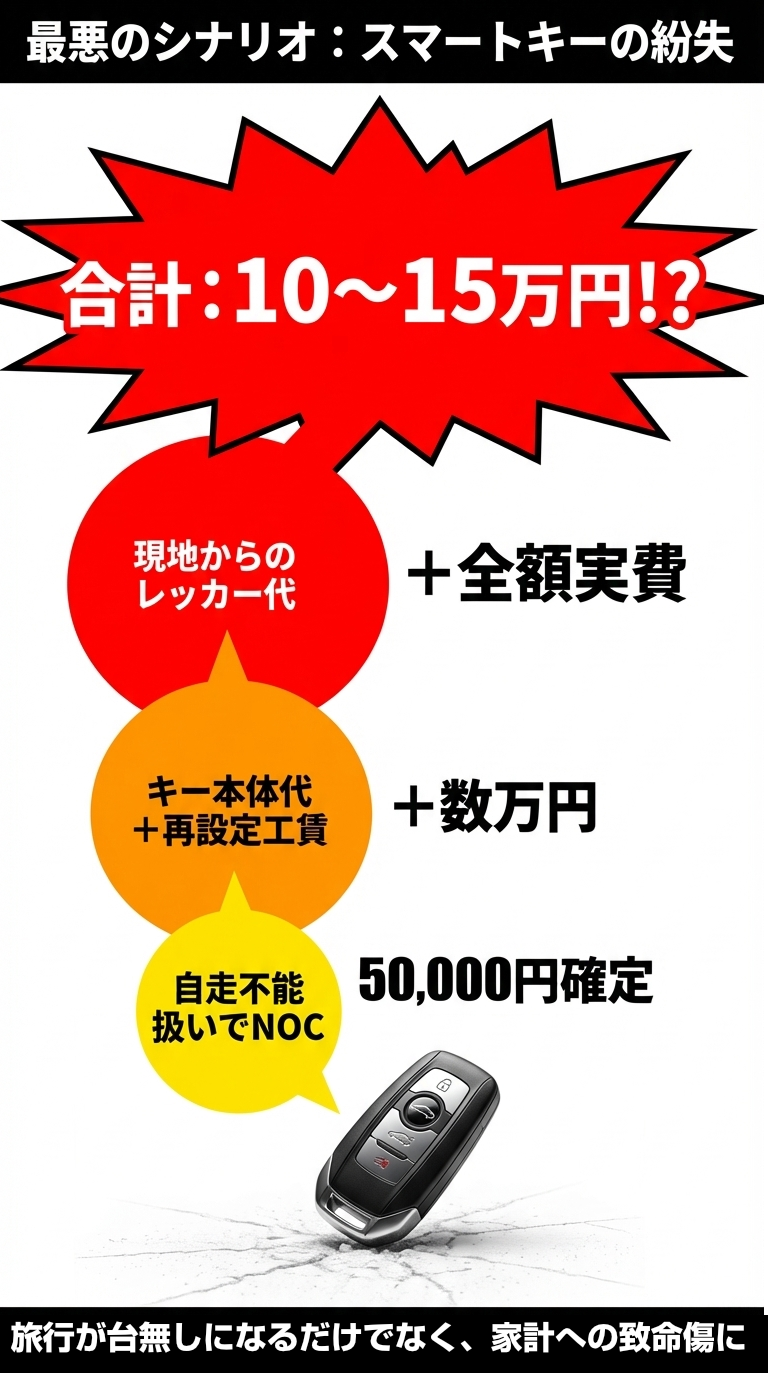 スマートキー紛失によりレッカー代、キー本体代、工賃、さらに自走不能扱いのNOC 5万円が発生し、合計10〜15万円になるリスクの解説 