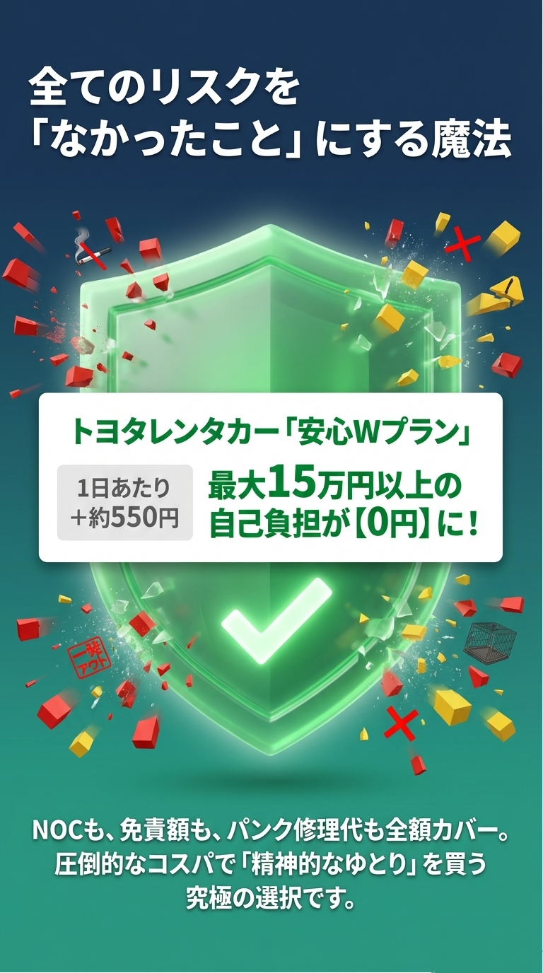 1日あたり約550円の追加で、NOC、免責額、パンク修理代がすべて0円になる安心Wプランのコスパを説明するスライド 