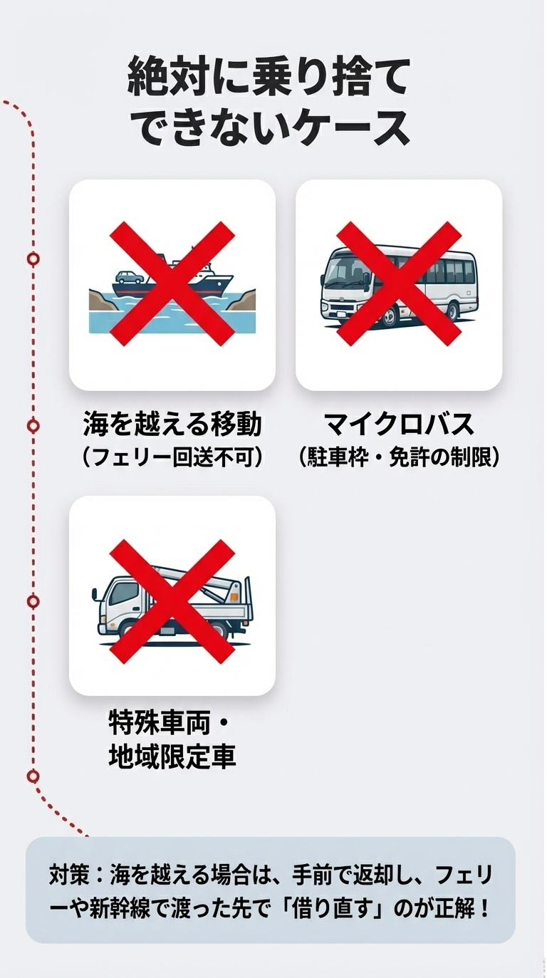 海を越える移動、マイクロバス、特殊車両など、物理的またはルール上乗り捨てができないケースと、借り直しの対策案。
