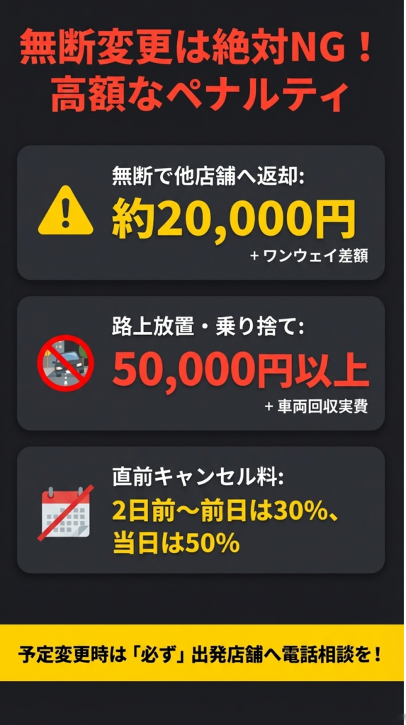 無断他店返却（約2万円）、路上放置（5万円以上）、直前キャンセル料など、ルール違反時に発生する高額な損害金リスト。