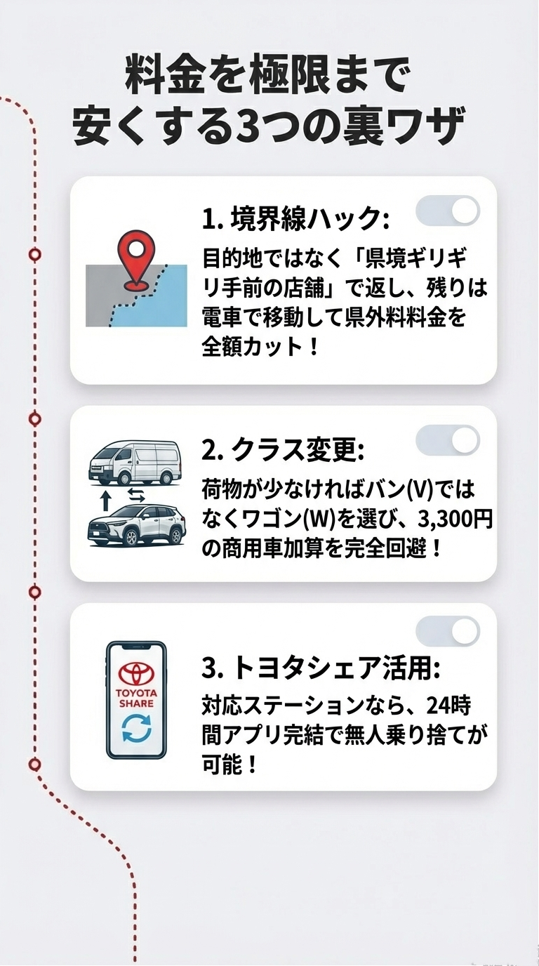 「距離」「車両クラス」「エリア区分」の3つが鍵。予約前に公式サイトで複数ルートをシミュレーションすることを推奨するまとめスライド。
