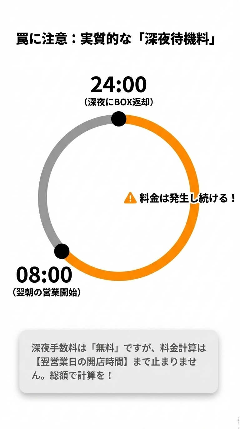 深夜24時にBOX返却しても、料金計算は翌朝の営業開始（08:00）まで止まらずに発生し続ける「深夜待機料」の注意点を説明する時計型の図。 