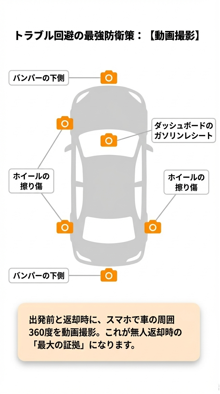 車の周囲360度を動画撮影する際、特にチェックすべき「バンパー下側」「ホイールの擦り傷」「ダッシュボードのガソリンレシート」を指示するイラスト。 