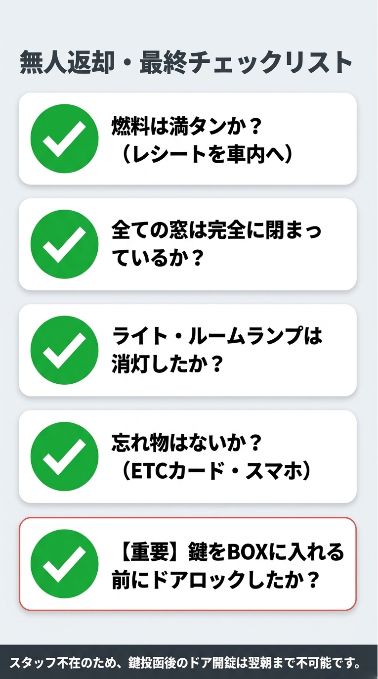 燃料満タン、窓の閉鎖、消灯、忘れ物、そして鍵を投函する前のドアロック確認など、スタッフ不在時の重要チェック項目リスト。 
