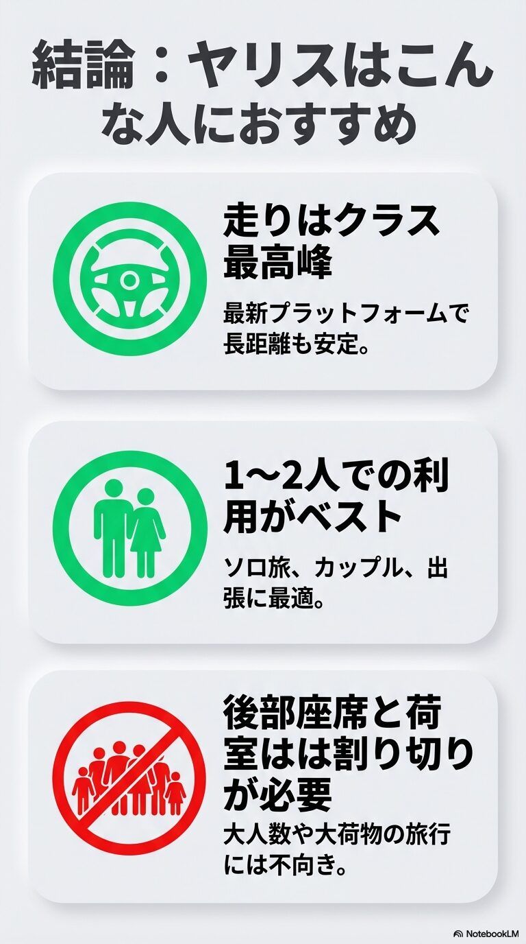 ヤリスは1〜2人での利用（ソロ旅、カップル、出張）に最適で、大人数や大荷物には不向きであることを示す比較図。