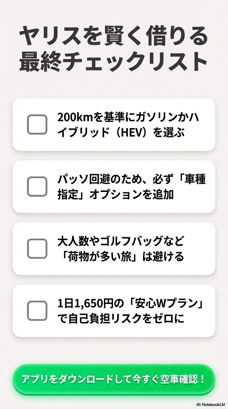 200km基準の車選び、車種指定、荷物の制限、安心Wプランへの加入など、ヤリス利用時の重要ポイントをまとめたリスト。