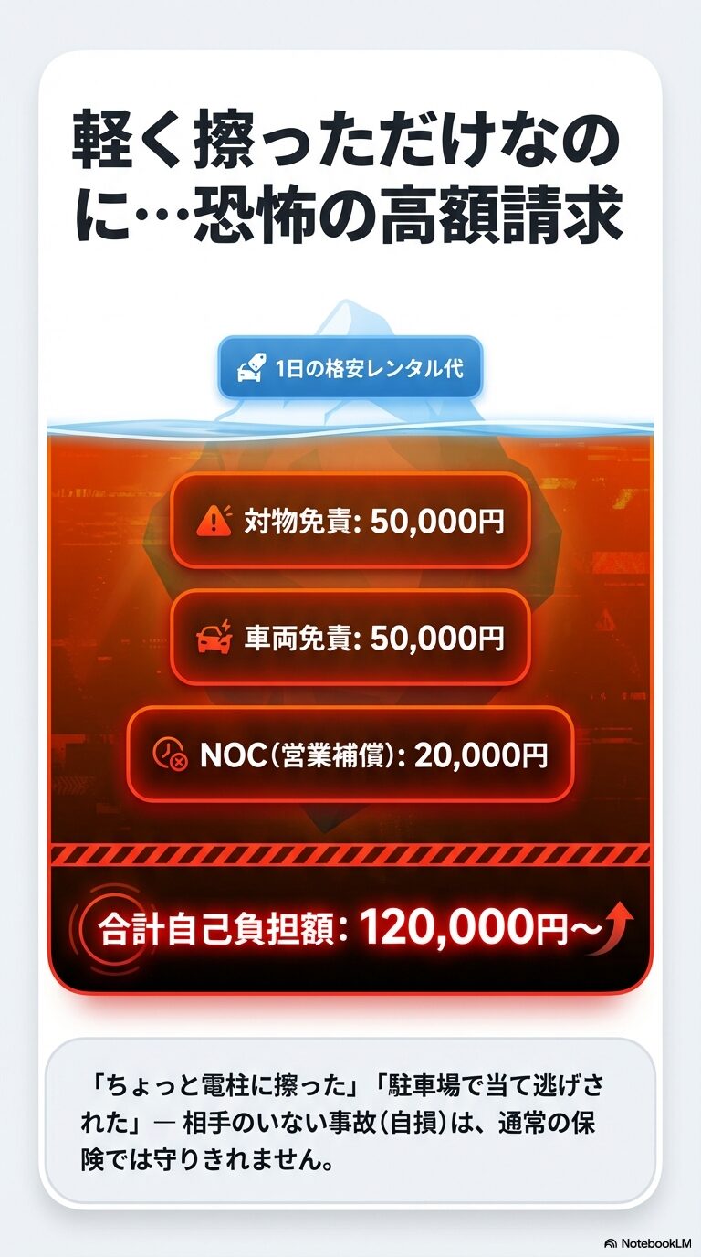 軽く擦っただけでも、対物・車両免責とNOC（営業補償）を合わせて合計12万円以上の自己負担が発生することを示す内訳スライド。
