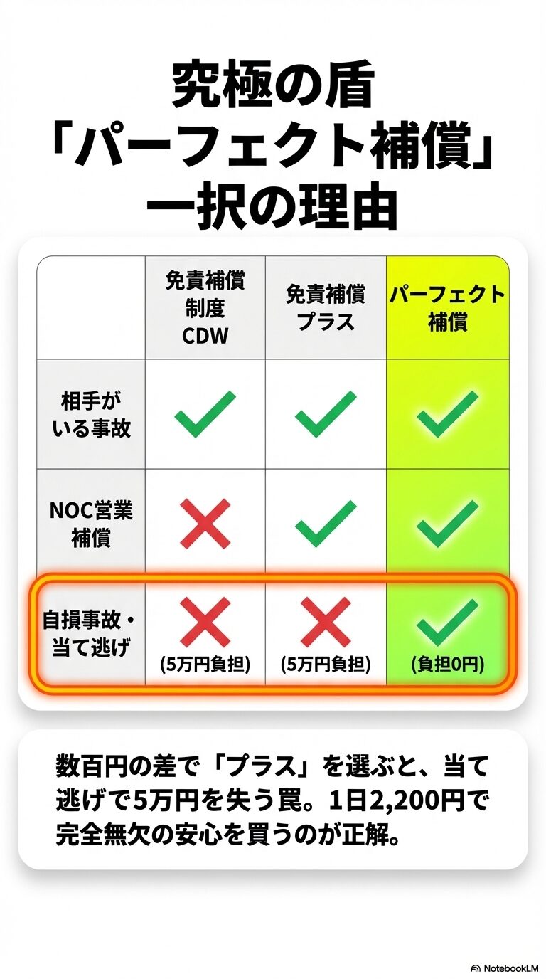 免責補償制度（CDW）、免責補償プラス、パーフェクト補償の比較表。パーフェクト補償のみが自損事故・当て逃げの負担を0円にする「最強の盾」であることを示している。