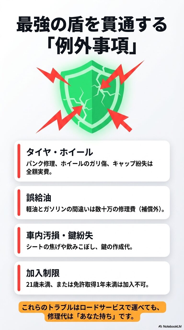 補償の盾を貫通するトラブルとして、タイヤのパンク、ホイールの傷、誤給油、車内汚損、鍵紛失、加入制限（21歳未満等）を挙げたスライド。