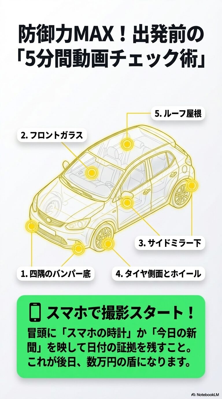 バンパー四隅、フロントガラス、サイドミラー下、タイヤ、ルーフの5箇所をスマホで撮影し、日付の証拠を残す手順を示した図解スライド。