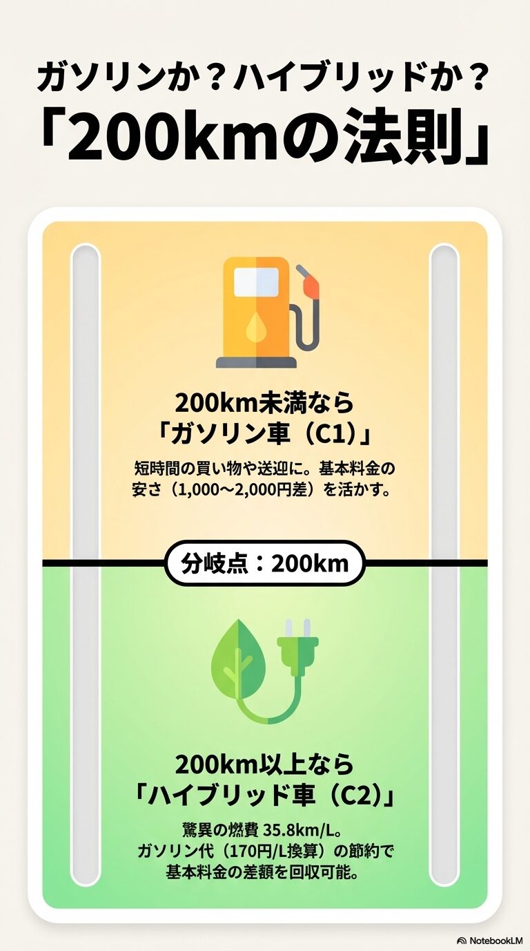 走行距離200kmを境に、基本料金の安いガソリン車か、燃費 $35.8km/L$ のハイブリッド車（HEV）を選ぶべきかを解説した図解。