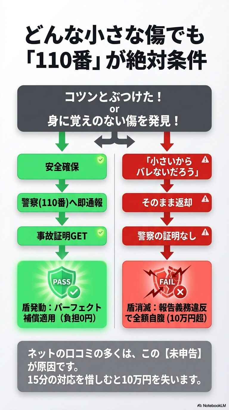 事故証明がない「未申告」の返却は報告義務違反で全額自腹になる一方、110番して証明を得れば補償が適用されることを対比させたスライド。