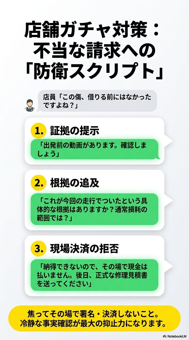 1.証拠（動画）提示、2.根拠の追及、3.現場決済の拒否、という3つの防衛ステップをまとめたスライド。