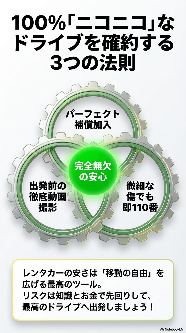 「パーフェクト補償加入」「出発前の動画撮影」「即110番」の3つが完全無欠の安心を生むという、記事のまとめスライド。