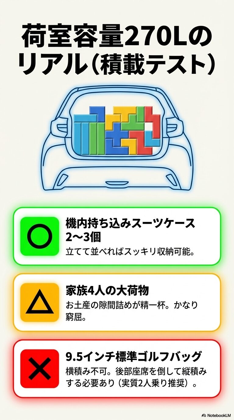 機内持ち込みスーツケース2〜3個の収納例と、ゴルフバッグを載せるには後部座席を倒す必要があることを示すイラスト。