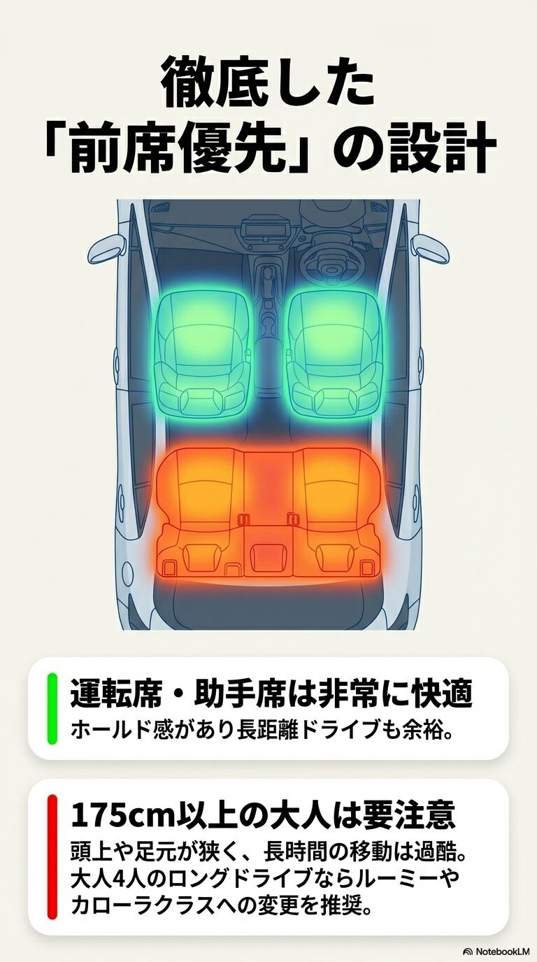 運転席・助手席は快適だが、後部座席は175cm以上の大人には狭いことを示す、車内スペースのヒートマップ風イメージ。