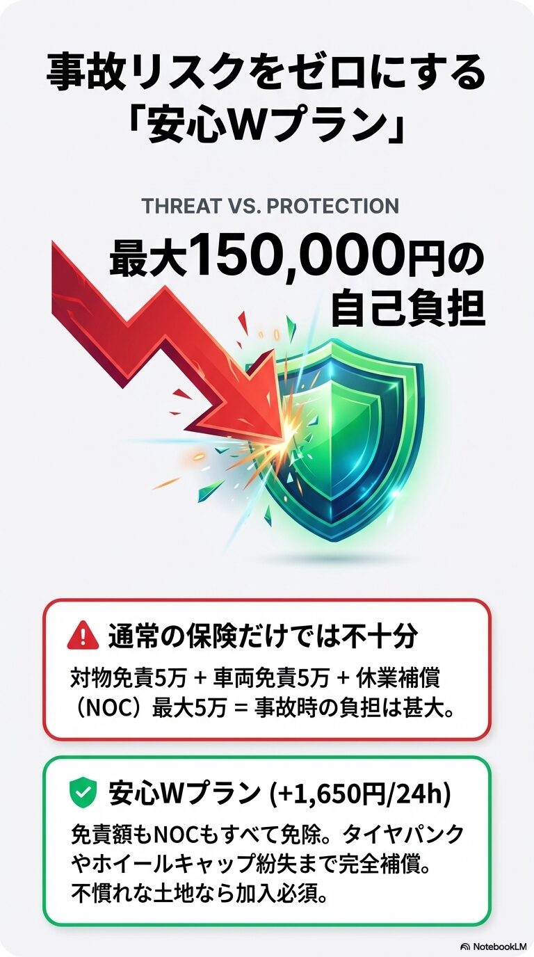 最大15万円の自己負担リスク（免責額＋NOC）を、1日1,650円でカバーできる安心Wプランの重要性を示すイメージ。