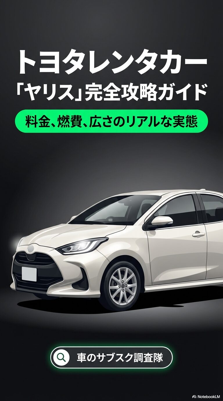 トヨタレンタカーのヤリス完全攻略ガイド。料金、燃費、広さの実態を調査したスライドの表紙。