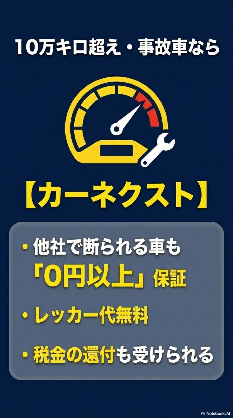 10万キロ超え・事故車ならカーネクスト とし、0円以上保証 などを紹介する画像