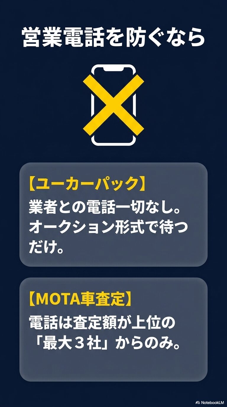 営業電話を防ぐなら ユーカーパック とMOTA車査定 がおすすめであることを解説する画像