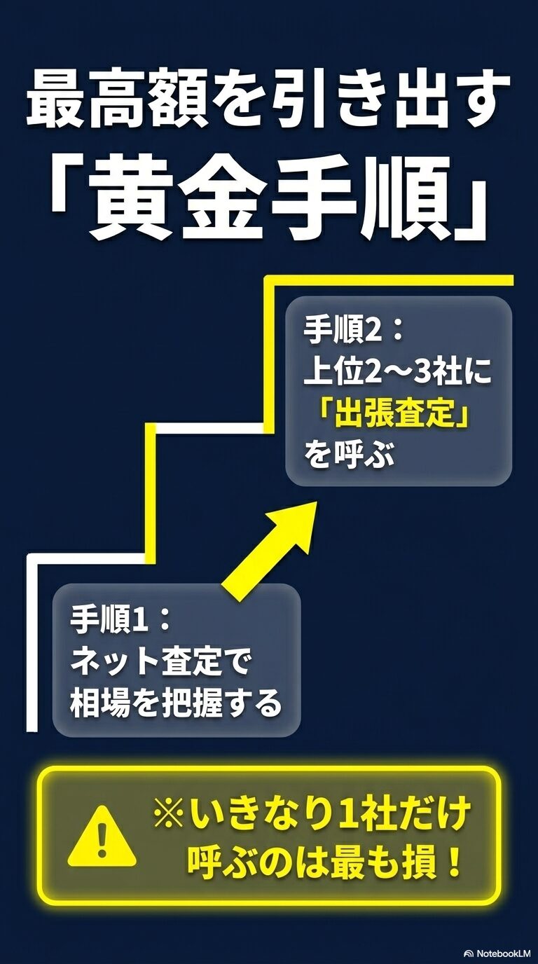 最高額を引き出す「黄金手順」 として、ネット査定で相場を把握し 、上位2〜3社に出張査定を呼ぶ 流れの解説