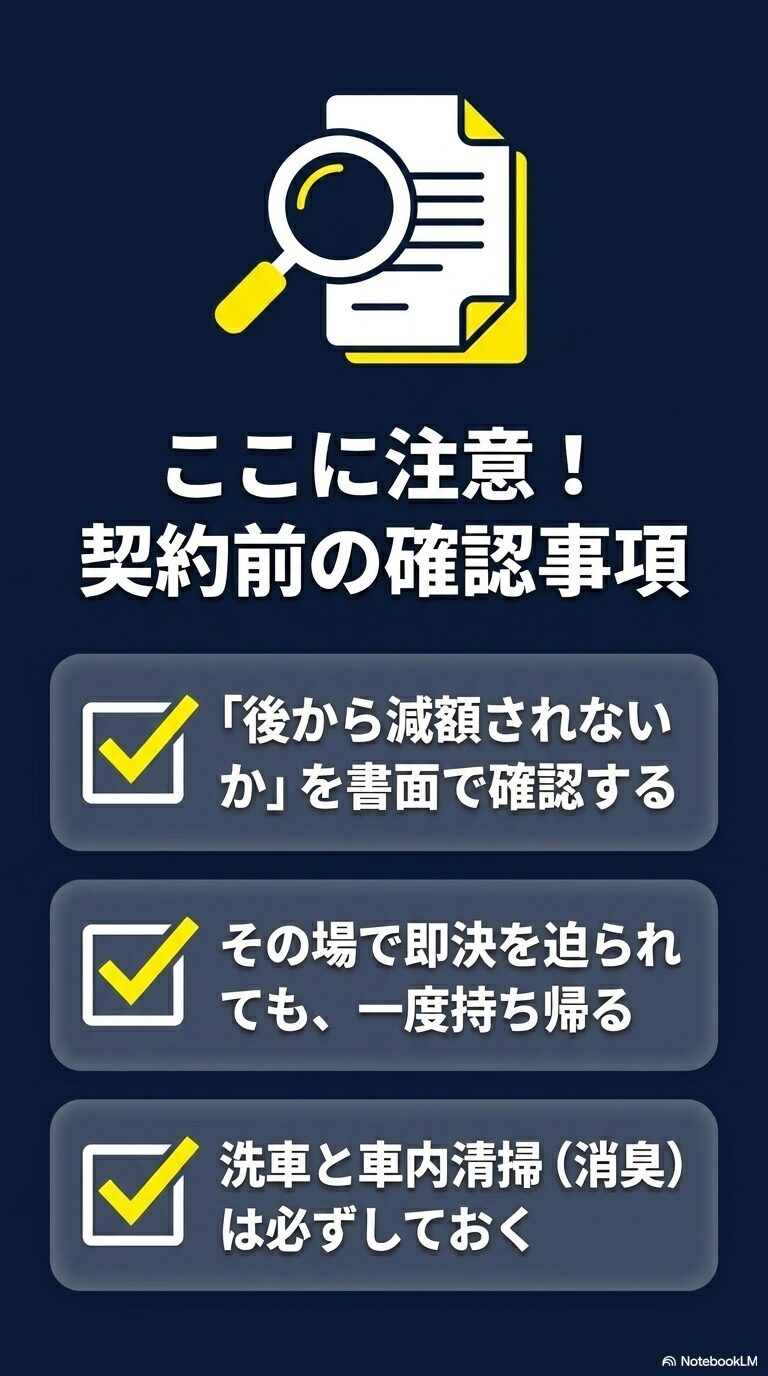 契約前の確認事項 として、後から減額されないかの書面確認 や、即決せず持ち帰る などの注意点をまとめた画像