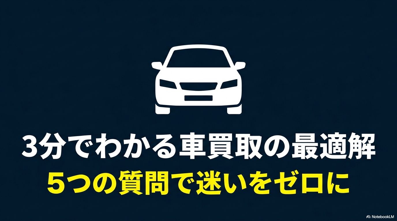 3分でわかる車買取の最適解。5つの質問で迷いをゼロにする車買取診断の表紙スライド 。