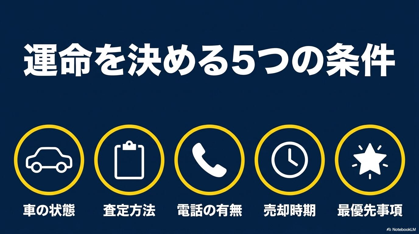 車の状態、査定方法、電話の有無、売却時期、最優先事項という、車買取業者選びの運命を決める5つの条件を表した図解スライド